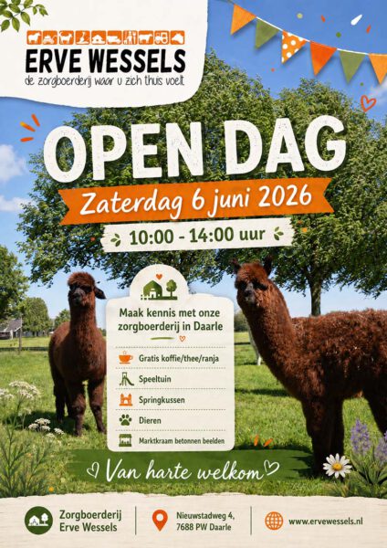 Flyer open dag Zorgboerderij Erve Wessels op zaterdag 6 juni 2026 in Daarle